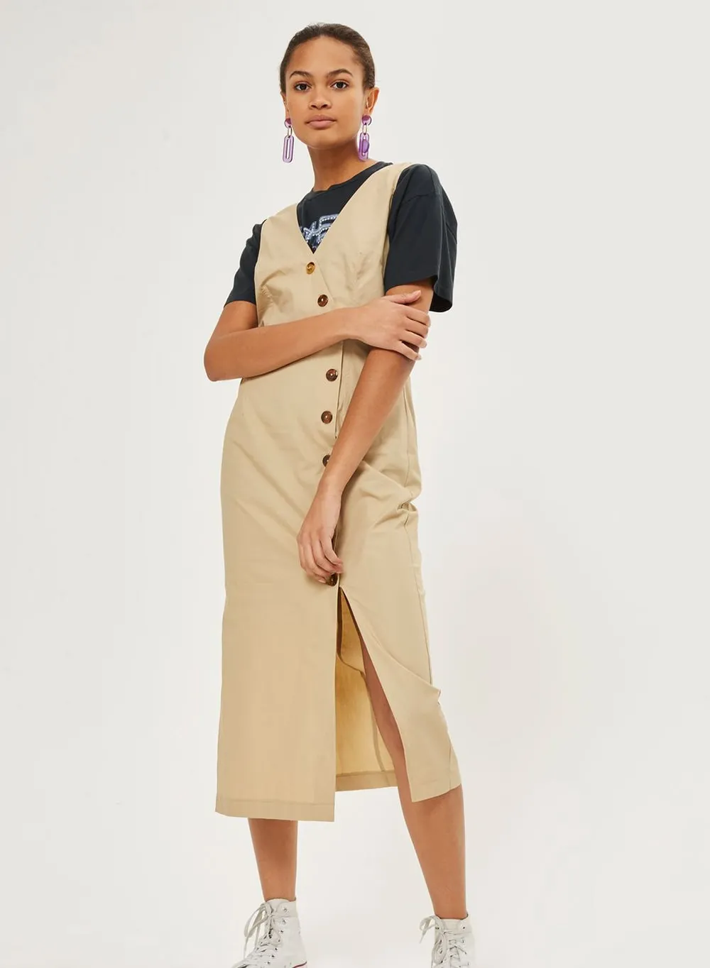 Button-Front Sleeveless Midi Dress in Sand