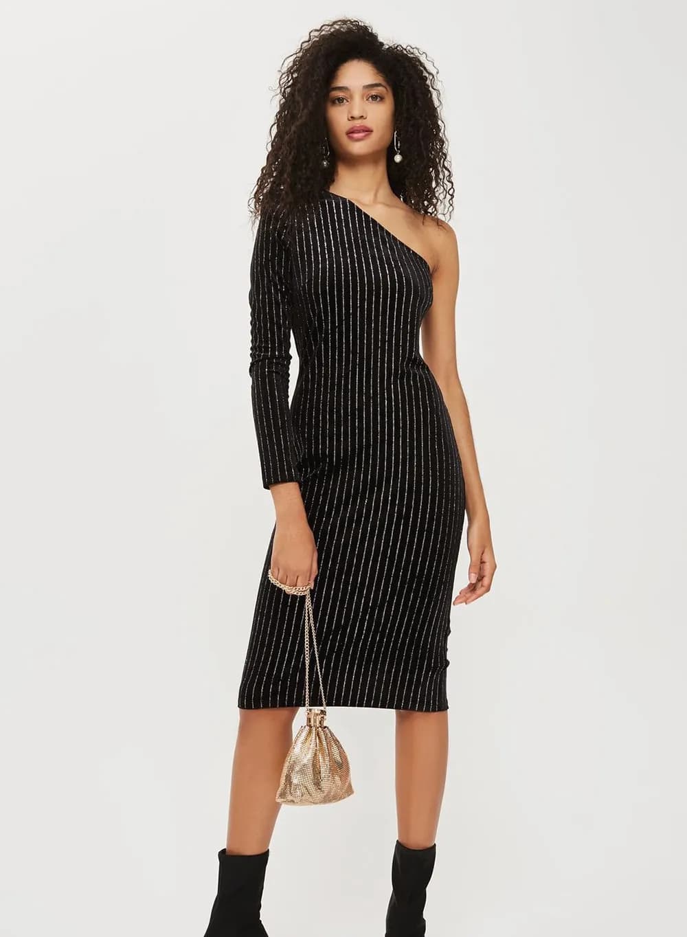 One-Shoulder Glitter Midi Dress