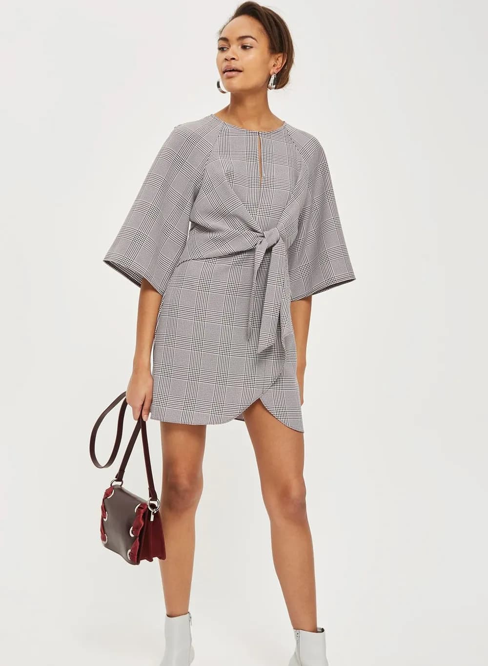 Plaid Knot-Front Kimono Mini Dress